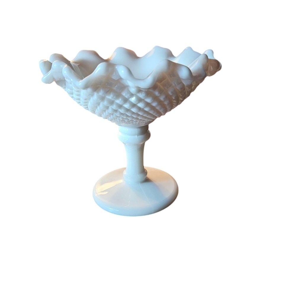 Westmorland Hobnail White Milk Glass Pedestal Ruffled Compote .